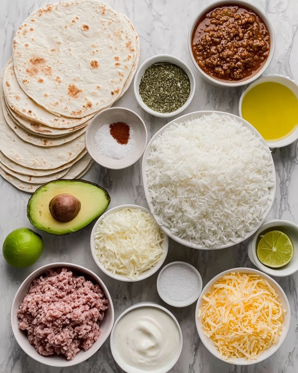 The image shows a flat lay of several small white bowls with different food ingredients arranged neatly on a white marbled surface. In the center, there is a large white bowl full of plain white rice. Surrounding it are smaller bowls holding ground meat, shredded cheese in two bowls, a reddish-brown sauce with chunks, oil, and a creamy white yogurt or sour cream. Near these bowls, there are also flat white tortillas stacked on the top left and a halved avocado at the bottom left. A woman's hand holds an avocado half with the seed visible near the bottom left side. Additionally, there are small white bowls holding dried green herbs, salt, a white cream, and a reddish-brown powder. A whole green avocado sits close to the top center. photo taken with an iphone --ar 4:5 --v 7