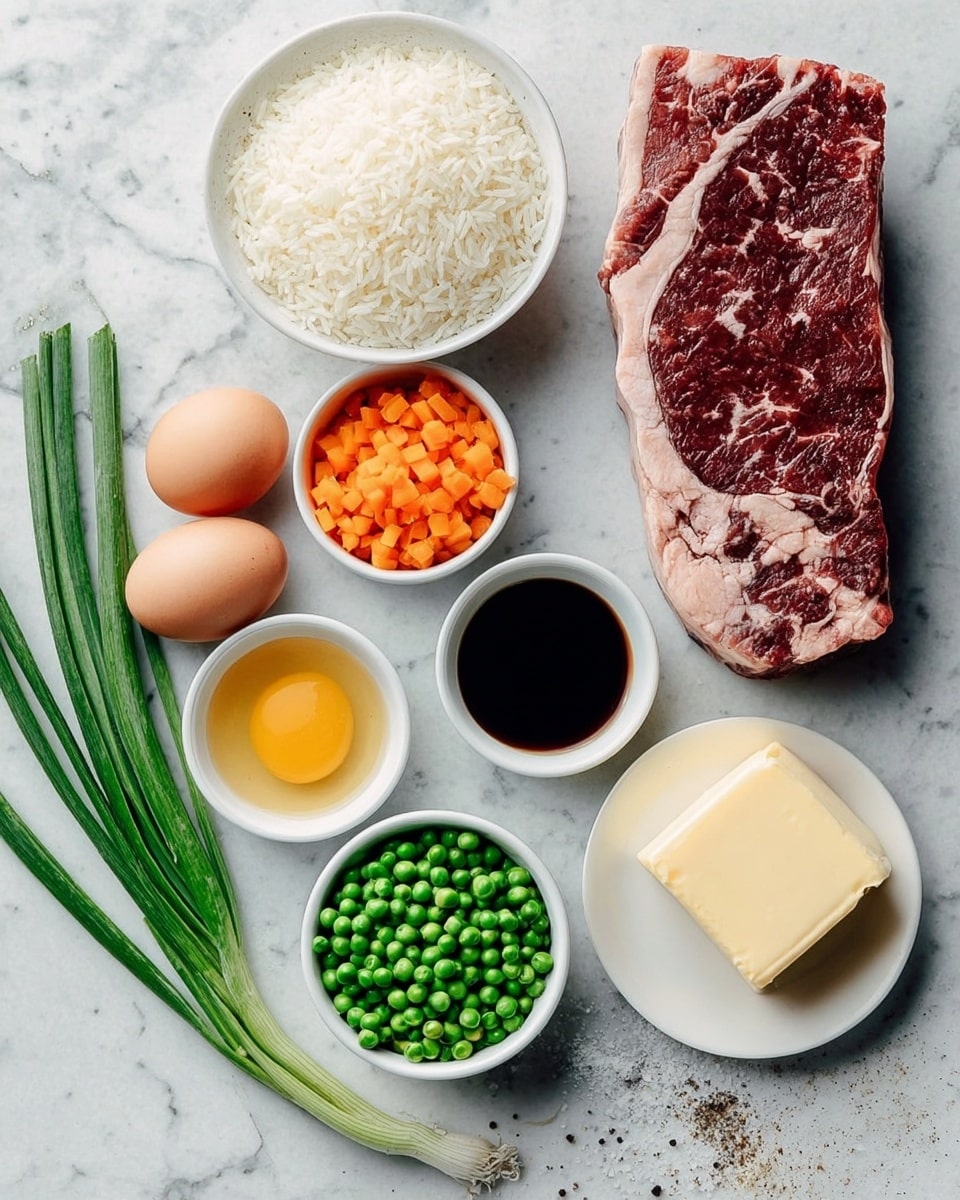 The image shows separate ingredients neatly arranged on a white marbled surface. At the top left, a white bowl is filled with white, uncooked rice. To the right of the rice, three brown eggs rest close together. Below the rice, a small white bowl holds dark soy sauce, and next to it, another small white bowl contains a light yellow liquid, likely oil. Above the sauce bowls to the right, a white bowl is full of small, orange diced carrots, while below it, another white bowl contains fresh green peas. A cluster of green onions lies vertically along the left side of the image. At the bottom center, a piece of marbled raw red meat with white fat streaks is laid out. To the right of the meat, a small white plate holds two blocks of pale butter. Some seasonings like salt and pepper are scattered lightly on the white marbled surface near the bowls. Photo taken with an iphone --ar 4:5 --v 7
