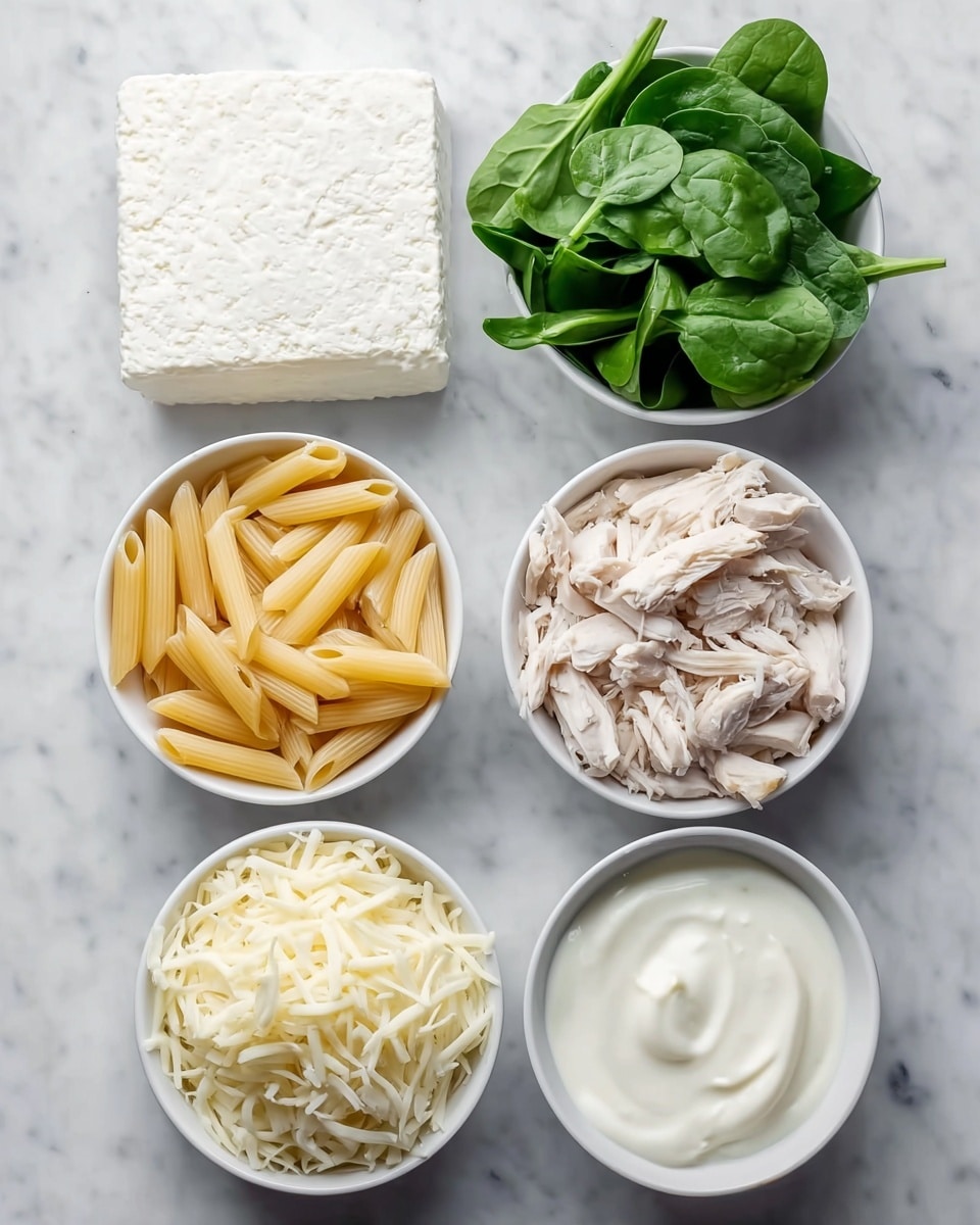 The image shows six white bowls and a square block arranged neatly on a white marbled surface. Starting from the top left, there is a bowl filled with fresh green spinach leaves with smooth, broad textures. To the right, a smaller bowl contains thick, creamy white yogurt with a smooth, swirled surface. Below the spinach, another bowl holds light yellow penne pasta, slightly shiny with ridged textures. Next to the pasta on the right, there is a large square block of crumbly white feta cheese with a rough, porous texture. Below the pasta, a bowl is filled with soft, shredded pale yellow mozzarella cheese strands. Finally, at the bottom right, a bowl contains shredded cooked chicken in off-white tones with fibrous texture. All items sit on a clean white marbled surface, well spaced and clearly visible photo taken with an iphone --ar 4:5 --v 7