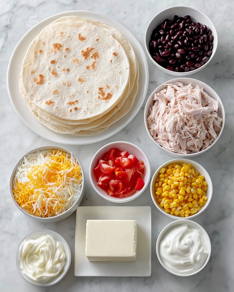 A white plate holds a neat stack of pale, soft tortillas with light brown spots, placed on a white marbled surface. Surrounding it are six white bowls and a white rectangular plate: one bowl filled with bright yellow corn kernels, another with shredded light pinkish-white chicken strips, a bowl of shredded cheese in mixed pale yellow and white strands, a bowl full of shiny dark black beans, one with a swirl of smooth white sour cream, and a bowl containing small diced red tomatoes. The white rectangular plate holds a large block of cream cheese with a smooth, firm texture. The whole setting is bright and clean. Photo taken with an iphone --ar 4:5 --v 7