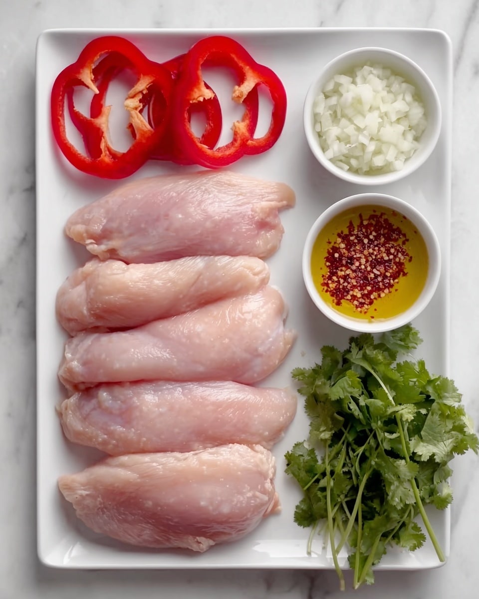 The image shows a white rectangular plate on a white marbled surface, holding four raw chicken pieces arranged in a vertical line on the left side of the plate. At the top left corner, there are two red bell pepper slices with visible white inner parts. On the right side of the plate, there are three small white round bowls placed vertically; the top bowl contains chopped white onions, the middle bowl holds red chili powder with specks of yellow, and the bottom bowl has finely minced garlic in oil. A bunch of fresh green cilantro leaves is placed at the bottom right side of the plate. The scene is well-lit with natural light, and the items look fresh and clean. photo taken with an iphone --ar 4:5 --v 7