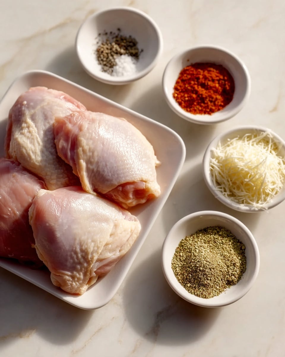 Three pieces of raw chicken with smooth, shiny pale pink skin lie on a white rectangular plate, placed on a white marbled surface. Around the plate are four small white round bowls, each holding different ingredients: one bowl contains white salt and black pepper, another holds a red spice powder, the third has shredded white cheese, and the fourth contains a light green crumbly mixture. The items are closely arranged, capturing a fresh and clean preparation setting. photo taken with an iphone --ar 4:5 --v 7