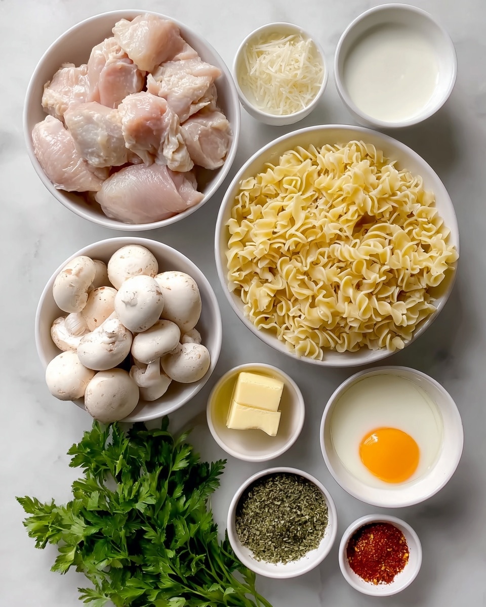The image shows several white bowls arranged on a white marbled surface. The largest bowl at the top left holds raw, pale pink chicken pieces. Below it, a large bowl contains curly, light yellow egg noodles. To the left bottom, there is a bowl filled with whole white mushrooms. Around these, smaller bowls contain yellow butter cubes, a single raw egg with a bright yellow yolk, white milk, two types of dried green herbs, and red spices in small quantities. A fresh bunch of green parsley is placed beside the bowls, adding a vibrant touch. The arrangement is neat and clean with soft natural lighting, photo taken with an iphone --ar 4:5 --v 7