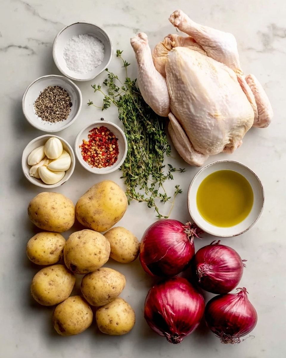 This image shows a whole raw chicken at the top right with pale skin and folded wings, placed on a white marbled surface. To the left of the chicken are three small white bowls with seasonings: one with white salt and black pepper, another with coarse salt and pepper, and a third one with red chili flakes. Below them, several small yellow potatoes with rough skins are scattered in a loose pile. At the bottom right of the image are four large red onions with shiny skins arranged closely together. Near the bottom left is a small white bowl filled with golden olive oil. Above the onions, a white bowl holds many peeled garlic cloves. At the top left corner are green sprigs of thyme. All items are spread out neatly on the white marbled surface. photo taken with an iphone --ar 4:5 --v 7