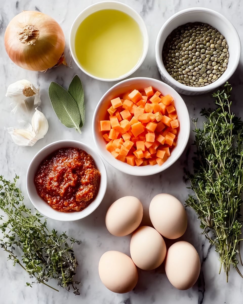 The image shows a white marbled surface with several ingredients arranged neatly on it. There are four whole light brown eggs in the lower right corner. To the left of the eggs is a small white bowl filled with a thick red paste. Above that is a small cluster of garlic cloves. Next to the garlic are two green sage leaves, a whole yellow onion, and a white bowl filled with small green lentils. To the right of the lentils is a white bowl filled with cubed orange carrots. Above the carrots is another white bowl containing a light yellow liquid. On the upper right side, there are fresh green herbs including thyme and parsley. Photo taken with an iphone --ar 4:5 --v 7