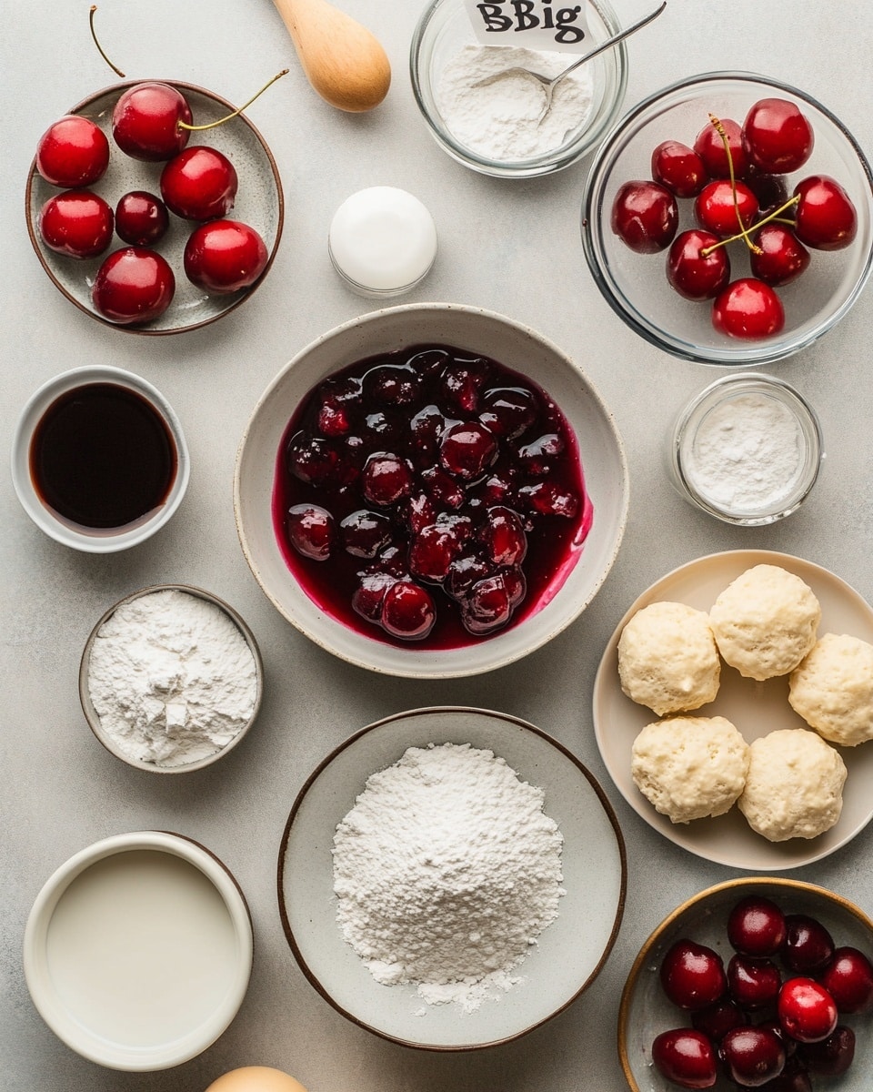 The image shows a white tray lined with parchment paper holding ten round glazed doughnuts arranged in a scattered pile. The doughnuts have a shiny, light golden brown glazed surface with a smooth texture. One doughnut is broken open on top of the pile, revealing a bright red cherry filling inside that looks juicy and thick. On the tray near the top left side, there is a small clear glass jar filled with white glaze. In the bottom right corner of the tray, a small white bowl holds several shiny red maraschino cherries with stems in syrup. The background is a white marbled texture. photo taken with an iphone --ar 4:5 --v 7