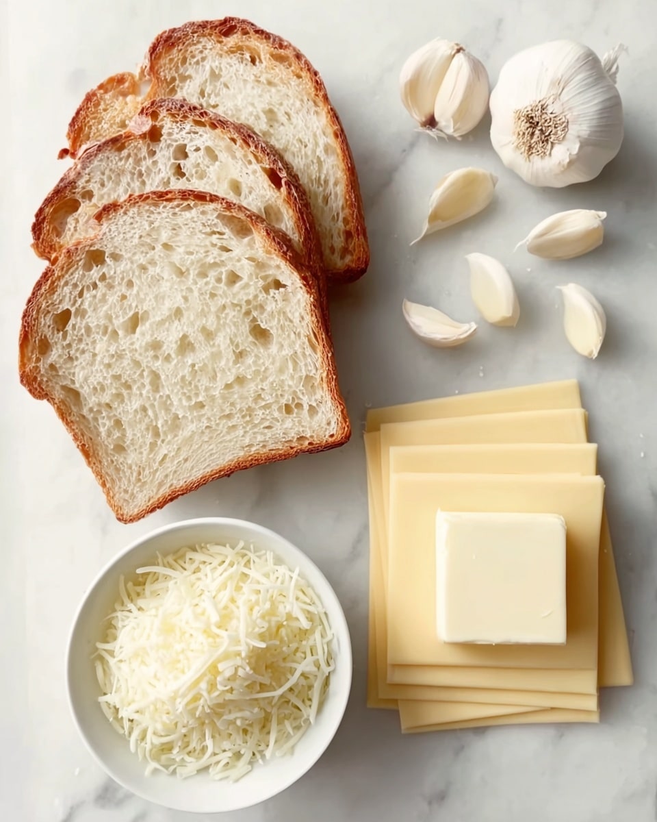 The image shows three slices of bread with a light brown crust and soft, airy inside placed on a white marbled surface. To the right, there is a small white bowl holding two rectangular pieces of pale yellow butter. Below the bread, there is another small white bowl filled with finely shredded white cheese. Next to the shredded cheese, there is a neat stack of six pale yellow square slices of cheese. Above the cheese slices, there is a whole garlic bulb along with two separated garlic cloves all placed on the white marbled surface. The scene is bright with natural light and the arrangement is neat and clean. photo taken with an iphone --ar 4:5 --v 7
