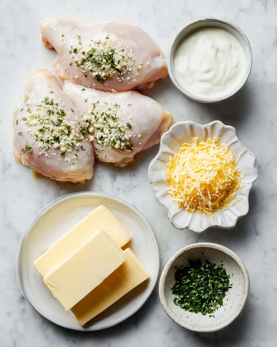 Four uncooked chicken pieces lay side by side on a white marbled surface, each sprinkled with small bits of green herbs and coarse salt. To their right, there is a small white round bowl filled with thick white sauce. Below that, a white bowl shaped like a flower holds a small mound of yellow and white grated cheese. Beneath these, a round white plate contains several rectangular slices of pale yellow butter stacked loosely. Next to the butter plate, a white bowl with speckles holds a small pile of finely chopped green herbs. The setup is neat, with a soft natural light illuminating the ingredients. photo taken with an iphone --ar 4:5 --v 7