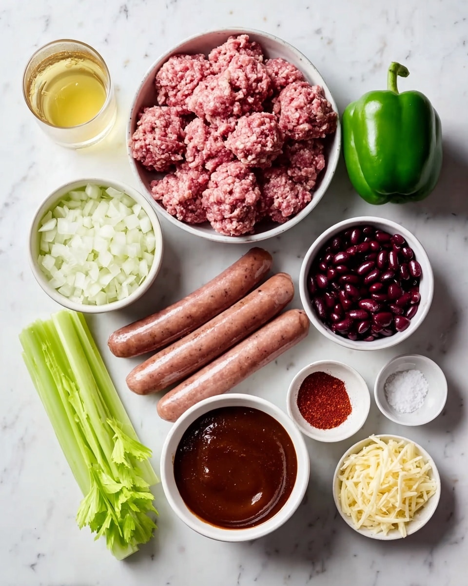 The image shows several ingredients set on a white marbled surface, all in white bowls or plates except two sausages placed directly on the surface. In the center is a white bowl filled with raw ground meat shaped like small mounds, pink with white fat bits. Above it is a bowl with finely chopped white onions. To the right of the onions is a whole shiny green bell pepper. Below the pepper, two uncooked sausages with a brown casing rest side by side. Next to the sausages, a bowl holds dark purple kidney beans. Below the meat bowl, a smaller bowl contains a thick, dark brown sauce with a smooth surface. A tiny bowl with white salt and a small bowl of shredded pale yellow cheese sit to the left of the sauce. Sticks of fresh, light green celery lay to the left of the meat bowl. A clear glass with pale yellow frothy liquid is above the celery. A small white dish with red chili powder is near the onions. All the items are neatly arranged with bright lighting. Photo taken with an iphone --ar 4:5 --v 7
