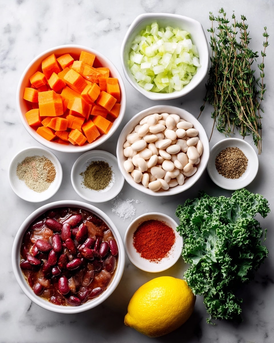 The image shows a set of ingredients arranged on a white marbled surface, each in separate small white bowls. Starting from the top left, there is one bowl filled with bright orange cubed carrots. Next to it on the right is a bowl containing finely chopped pale green and white onions. Below the carrots is a bunch of fresh thyme with green leaves and woody stems. In the center is a bowl full of smooth, white beans. To the right of the beans are two small bowls of dry spices: one with a mix of green and brown spices, and the other with a bright red powder. Below these bowls is a small bowl of coarse white salt. At the bottom left, there is a bowl with dark red kidney beans in a thick sauce. To the right of this bowl is a bright yellow lemon placed directly on the surface. Finally, a small bowl with fresh, leafy green kale sits near the lemon. Photo taken with an iphone --ar 4:5 --v 7