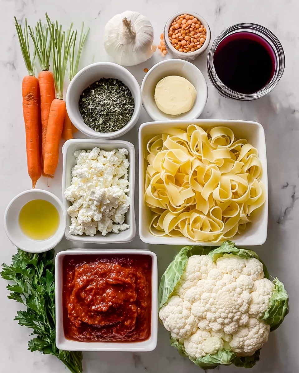 A white square bowl filled with light yellow pasta ribbons sits bottom right, next to fresh green parsley and a full head of white cauliflower with some leaves. Above the pasta is a small white bowl holding a round butter pat and a dark green herb mix. Above that is a glass bowl filled with dark red liquid. Near the center is a white square bowl with thick chunky red tomato sauce. To its left is a small white square bowl with cottage cheese and fresh green herbs. Above, two orange carrots are placed vertically next to two green sprigs. There is a whole yellow onion and a white garlic bulb to the right of the carrots, with a small white bowl of lentils above the garlic. At the far left bottom corner, a round white bowl holds white liquid. A small white bowl with light yellow oil rests near the top left. All items are arranged on a white marbled surface, photographed from above with an iphone --ar 4:5 --v 7
