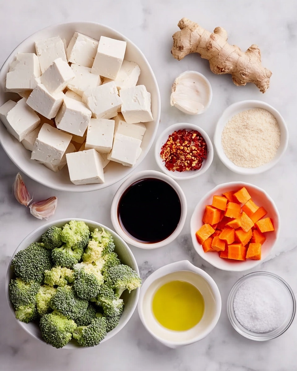 A white bowl full of large white tofu cubes sits on the white marbled surface, surrounded by smaller white bowls and ingredients. Below the tofu bowl, there is a white bowl filled with green broccoli florets. To the right, a white bowl holds small orange carrot cubes. Above the carrots, a piece of fresh ginger root lies on the surface next to a small white bowl of red chili flakes. In the center near the top, a white bowl contains dark soy sauce, flanked by a white bowl on the right holding golden-yellow oil and another white bowl on the upper right filled with coarse, light-colored salt. Three garlic cloves rest on the surface on the left side. photo taken with an iphone --ar 4:5 --v 7