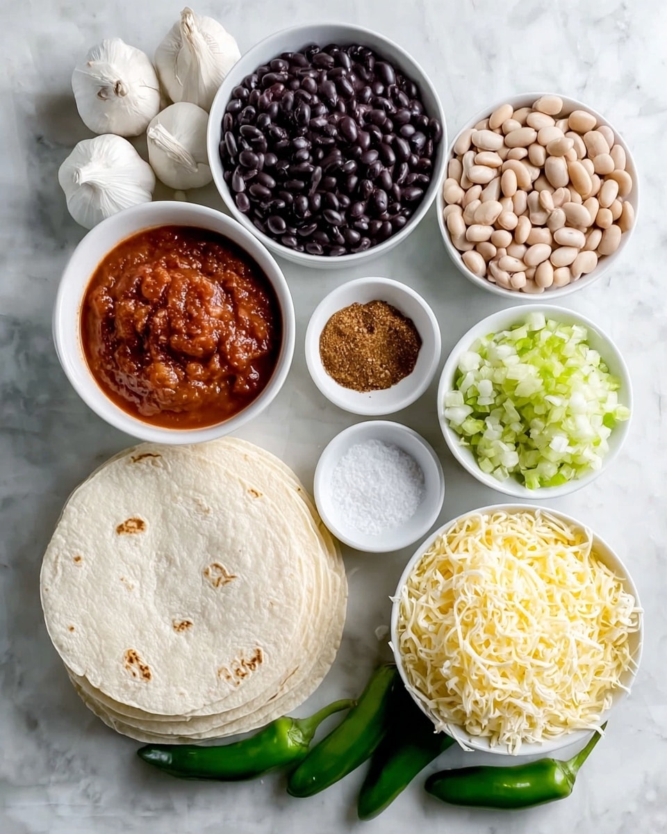 The image shows several white bowls and a stack of white tortillas arranged on a white marbled surface. The largest bowl at the bottom right contains shredded yellow and white cheese with a soft texture. Above it is a small bowl with coarse salt, and next to that is another small bowl holding brown chili powder or spice mix. To the left of the spice is a bowl filled with shiny black beans, and above it another bowl holds light brown pinto beans. To the right of the pinto beans is a bowl filled with finely chopped white and green onions. At the top left of these bowls is a bowl of chunky red salsa. Below the bowls, a stack of soft white tortillas with slight browning rests flat. On the left side, there are five whole garlic bulbs with papery white skin and three green jalapeño peppers with smooth, shiny skin, some laying on the white marbled surface. Photo taken with an iphone --ar 4:5 --v 7