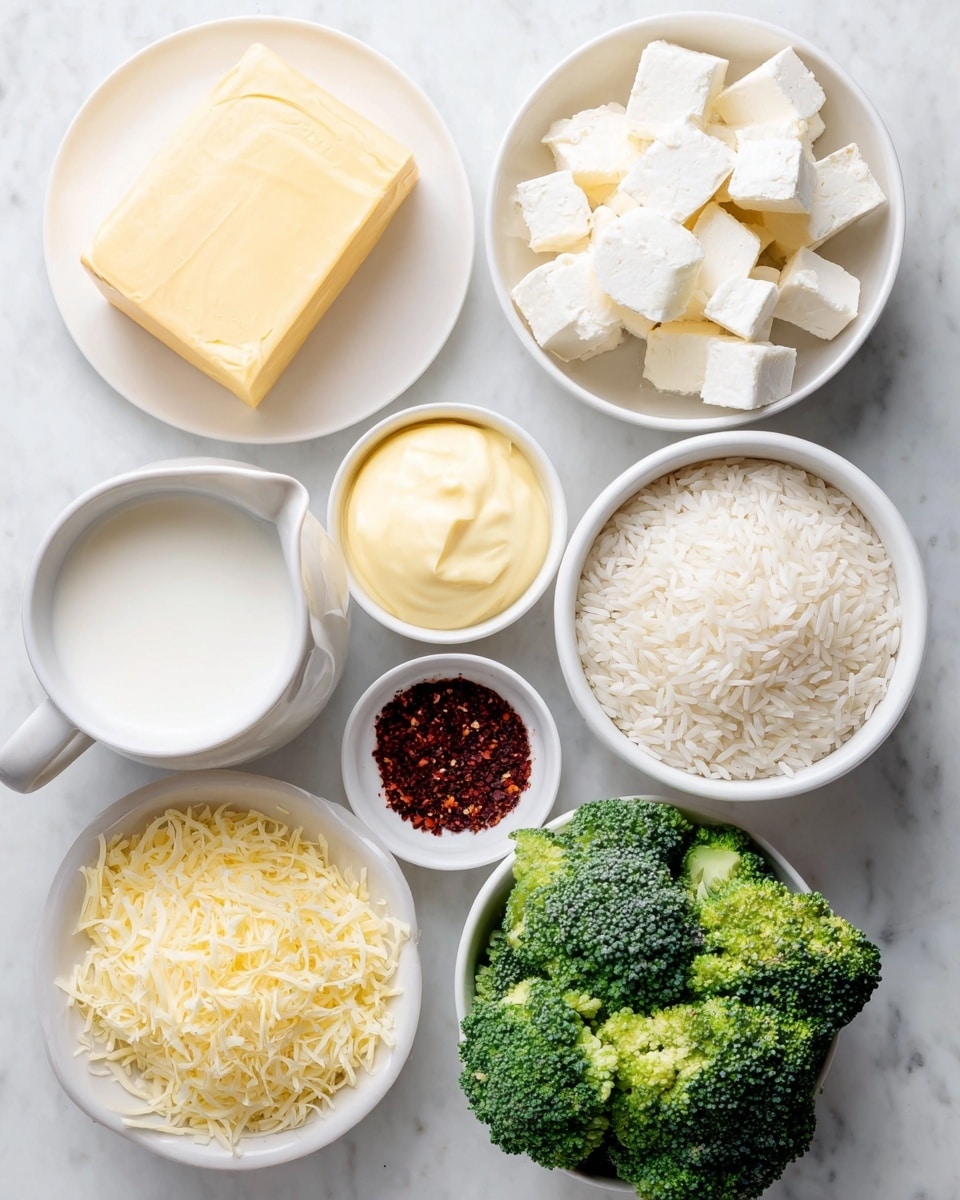 The image shows seven small white bowls and plates arranged on a white marbled surface. Starting from the top left, there is a white plate with a block of pale yellow butter. Next to it, on the right, is a white bowl filled with white chunks of soft cheese. Below the cheese is a white bowl filled with long-grain white rice. To the left of the rice is a small white bowl holding creamy yellow mayonnaise. Above that bowl is a white cup filled with milk. Near the center of the image, there is a small white bowl containing dark red crushed pepper flakes. At the bottom left, a white bowl is filled with shredded pale yellow cheese, and to the right of it, a white plate holds fresh green broccoli florets. Photo taken with an iphone --ar 4:5 --v 7