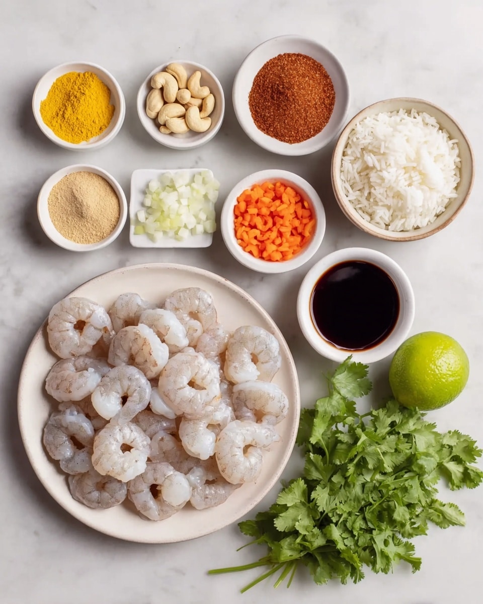 A white plate filled with raw shrimp showing their pale pink and translucent grey shells, placed at the bottom left. Above and to the right of the shrimp plate are seven small white bowls arranged neatly; from left to right and top to bottom they hold light beige cashew nuts, bright yellow powdered spice, chopped white onions, reddish-brown chili powder, dark brown soy sauce, small orange chopped carrots, and cooked white rice. To the right of the shrimp plate lies a fresh green cilantro bunch and a half lime showing its bright green interior. All items sit on a white marbled surface. photo taken with an iphone --ar 4:5 --v 7