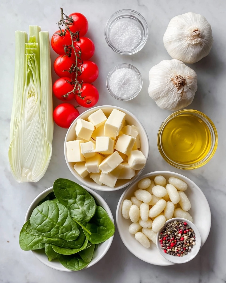 The image shows a white marbled surface with seven groups of ingredients arranged neatly: on the left is a long halved pale green fennel bulb, below it a small cluster of bright red cherry tomatoes on vine, and nearby a small clear bowl filled with coarse white salt. In the center, there is a medium white bowl filled with pale yellow cubes of butter and just right of it, a small white bowl of bright green fresh spinach leaves. Above the spinach are two whole bulbs of white garlic with papery skins, next to a small clear bowl of golden cooking oil. Lower right corner features a larger white bowl filled with plain white gnocchi, and near the middle is a very small white dish holding mixed black, white, and pink peppercorns. All items look fresh and clean, photo taken with an iphone --ar 4:5 --v 7