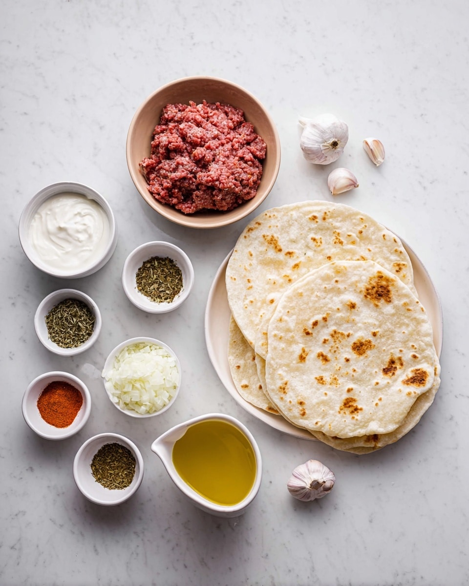 The image shows two wraps on a wooden board, each made with a soft, light beige flatbread folded around the filling. Inside the wraps, there are several layers: slices of browned grilled meat with a slightly crispy texture, green lettuce, thin slices of cucumber, bright red halved cherry tomatoes, and shredded purple cabbage. The filling is topped with a white creamy sauce that drips slightly over the edges. Black pepper is sprinkled around on the filling and flatbread. The wooden board is set on a white marbled surface with lemon wedges placed beside the wraps. Photo taken with an iphone --ar 4:5 --v 7