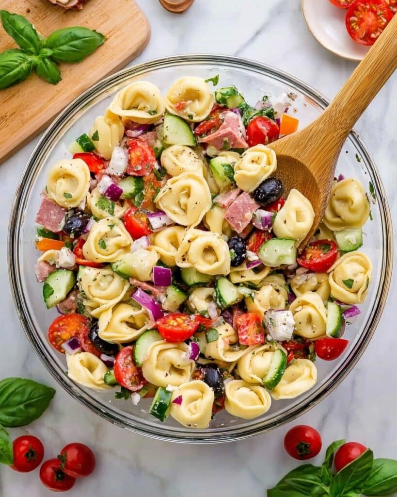 Tortellini Pasta Salad with Salami, Fresh Vegetables, and Pesto Recipe