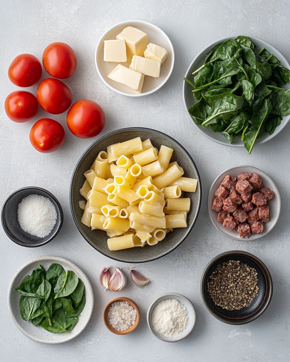 This image shows a large skillet filled with rigatoni pasta in a creamy light beige sauce. Mixed throughout the pasta are pieces of cooked light brown sausage, dark green spinach leaves, and small strips of dark red sun-dried tomatoes. The sauce looks smooth and coats the pasta and other ingredients evenly. The skillet has a shiny silver rim and handle, placed on a white marbled surface. Nearby, there is a small bowl of white rice and a white plate with silver forks slightly visible. photo taken with an iphone --ar 4:5 --v 7