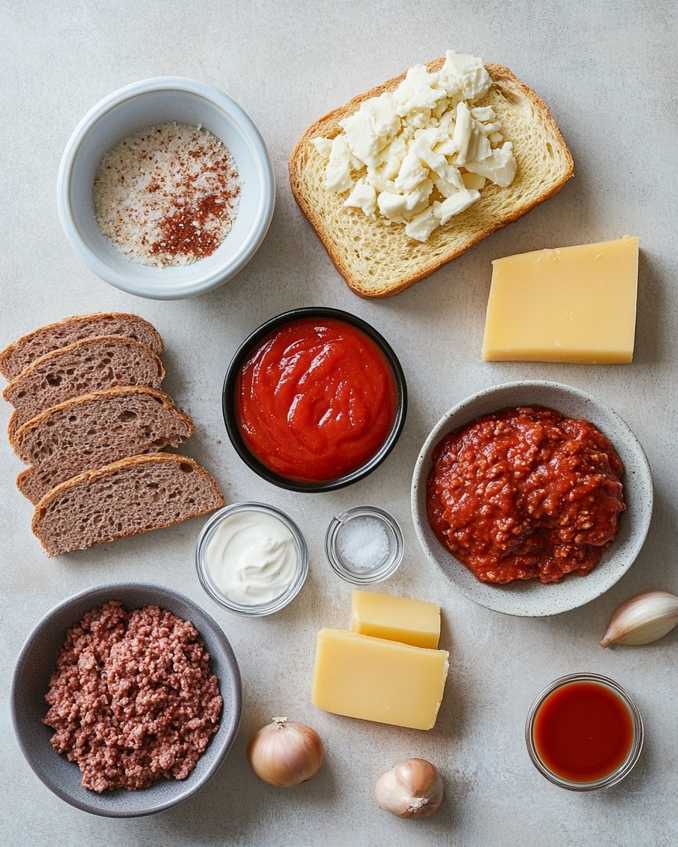 The image shows several small round garlic bread slices with three clear layers: the bottom layer is a golden toasted bread with bits of garlic and herbs, the middle layer is a thick, dark brown minced meat sauce spread evenly, and the top layer is melted white cheese scattered in uneven patches. The garlic bread slices sit on a light surface with a white marbled texture, and a small green parsley sprig is visible to the side. The cheese has a soft, creamy look while the meat sauce is dense and rich in texture. photo taken with an iphone --ar 4:5 --v 7
