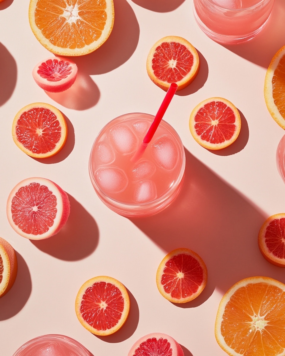 Three clear glasses filled with light pink liquid sit on a wooden board. Each glass has a bright pink sugar rim and a small skewer with a pink, cube-shaped garnish on top. The background is a white marbled texture with a clear container filled with small pink items and a tall glass jar with a golden lid blurred in the back. The photo taken with an iphone --ar 4:5 --v 7