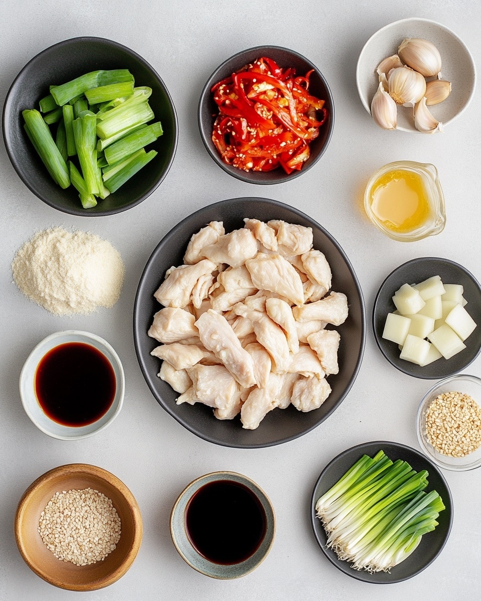 A white round plate filled with one layer of yellow cooked noodles mixed with small pieces of glazed brown chicken scattered all over the noodles. Bright green chopped spring onions and fresh green herbs are sprinkled on top, adding pops of color. The noodles have a slight shine, showing a light sauce coating them, and the chicken pieces are slightly charred for texture. The plate is placed on a white marbled surface, with some more spring onions around it. Two red chopsticks are positioned in the lower left corner. Photo taken with an iphone --ar 4:5 --v 7