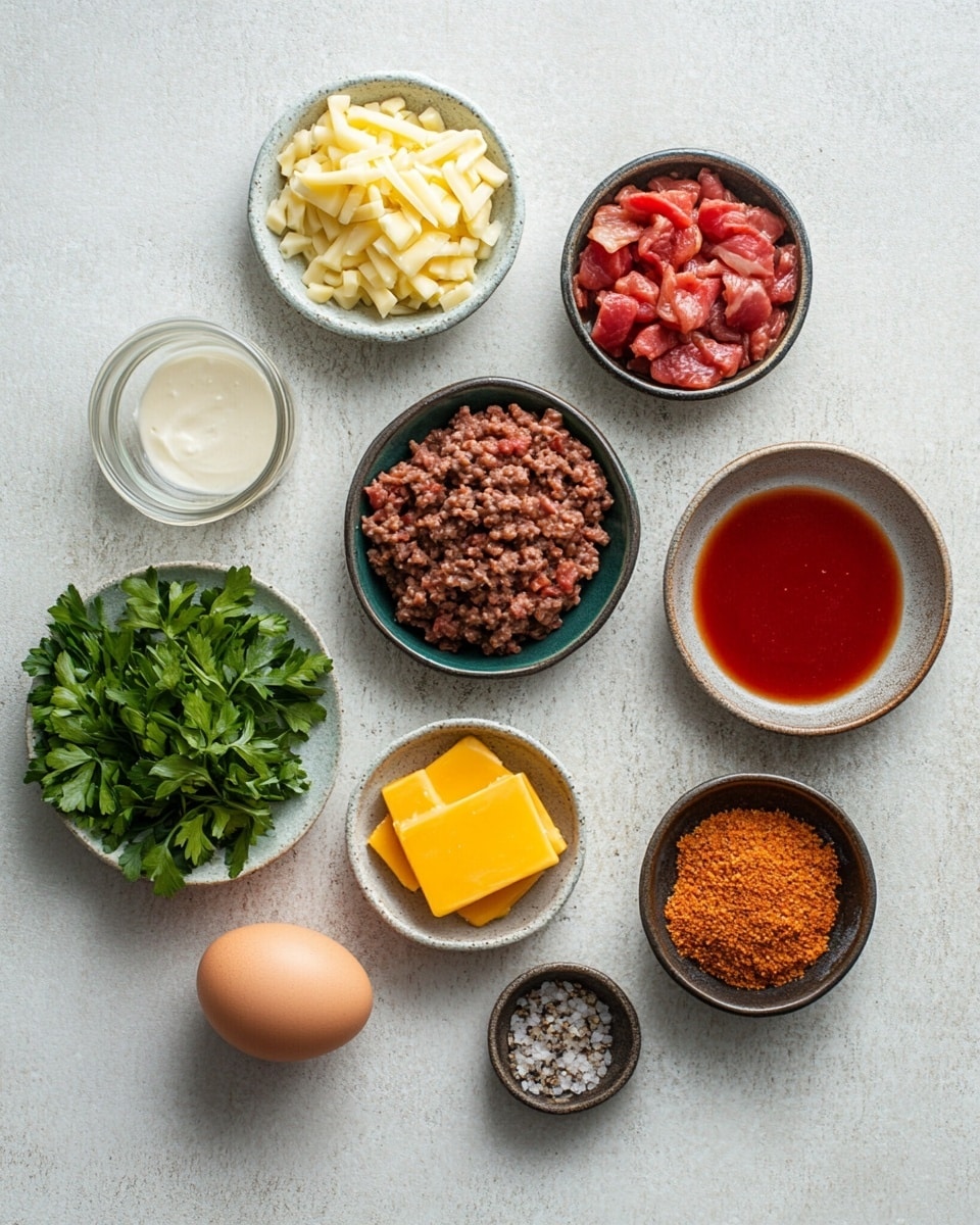 A rectangular black baking dish holds a layered meatloaf. The bottom layer is a thick, browned ground meat base with a slightly rough texture. On top of this is a layer of melted cheddar and white cheese, smooth and creamy, covering the meat evenly. The top layer consists of evenly arranged crispy bacon strips that are reddish-brown with wavy edges, adding a crunchy texture. The dish is placed on a white marbled surface. Photo taken with an iphone --ar 4:5 --v 7