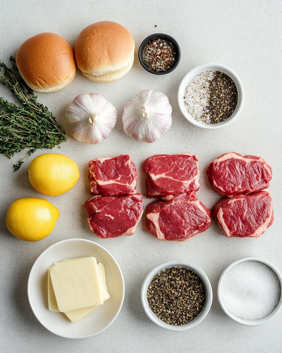 A close-up of a sandwich held by a woman's hand, showing a soft golden-brown sandwich bun on top with herbs, inside layers include a thick, juicy piece of medium-rare steak with a pink center and charred edges, and caramelized onions underneath. The sandwich is set against a white marbled surface with blurred bowls of red tomatoes and green lettuce in the background, along with other similar sandwiches placed on a light wooden board photo taken with an iphone --ar 4:5 --v 7
