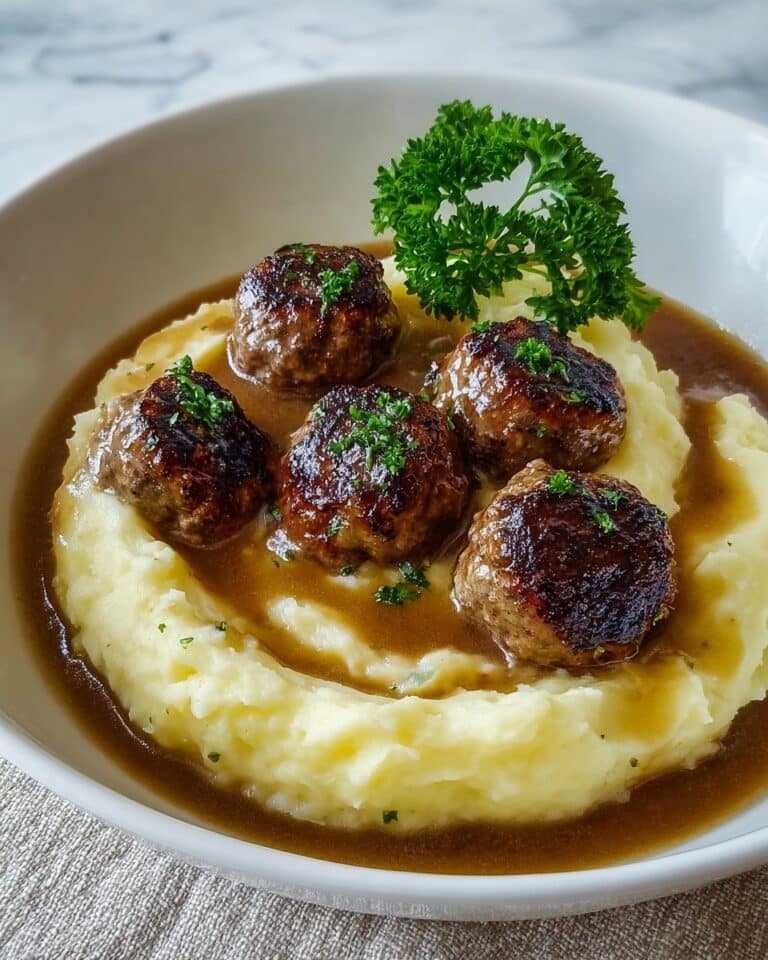 Salisbury Steak Meatballs with Garlic Herb Mashed Potatoes Recipe