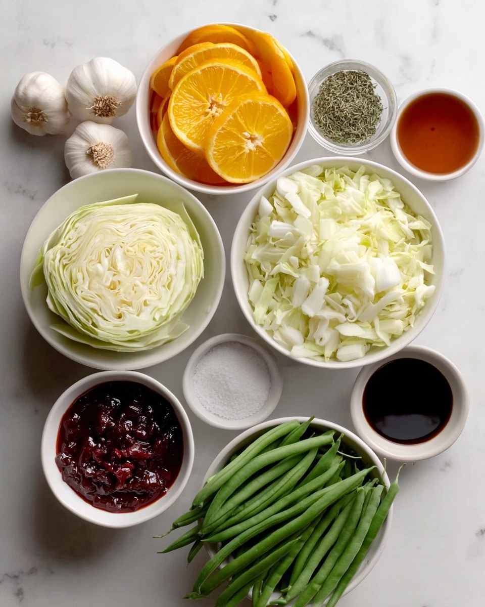 A top-down view of eight white bowls and loose ingredients placed on a white marbled surface, featuring finely chopped white cabbage and onions in one bowl with pale yellow and white layers, whole garlic bulbs beside it with light beige skins, a bowl of bright orange, thinly sliced rounds of orange fruit, next to a pile of fresh green beans with smooth surfaces, a bowl of dark red sauce with a chunky texture, a bowl of dark soy-colored liquid, and a small bowl of coarse salt and dried green herbs divided neatly inside photo taken with an iphone --ar 4:5 --v 7