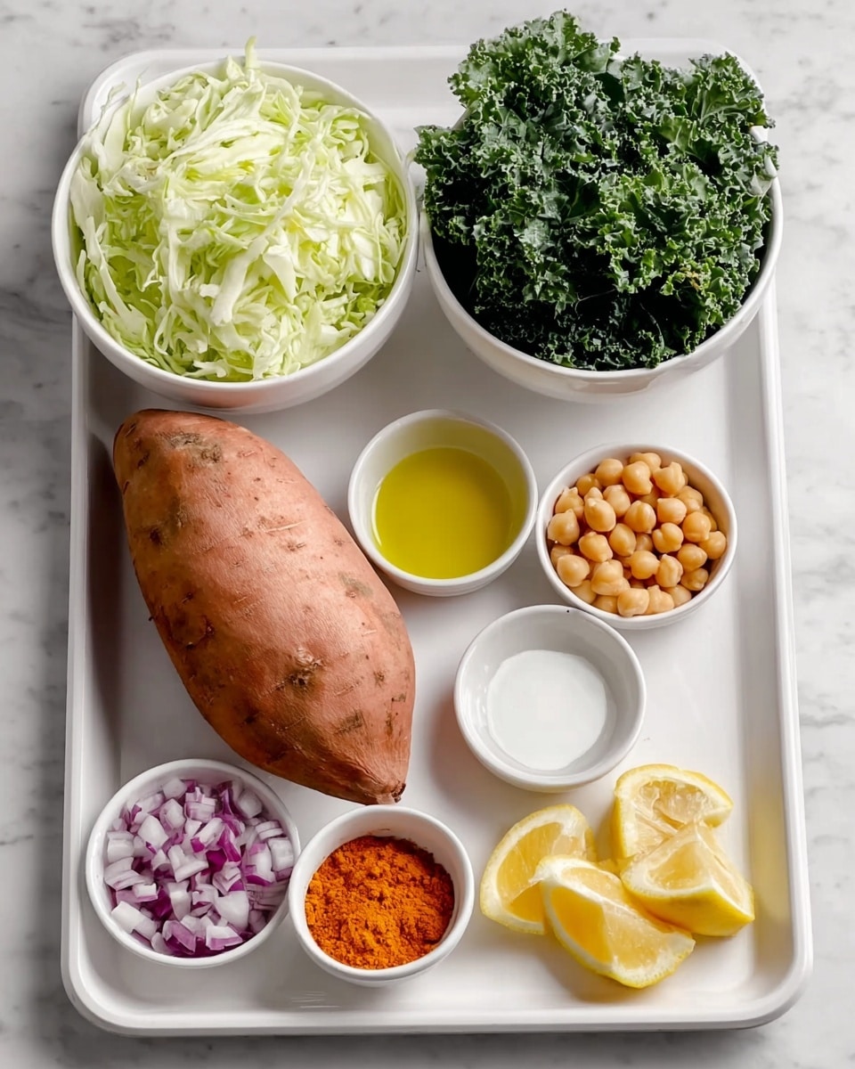 A white tray holds various ingredients on a white marbled surface. On the top left is a white bowl full of light green shredded cabbage, next to it on the right is another white bowl filled with dark green curly kale leaves. Below, a medium-sized whole sweet potato with a rough brown-orange skin rests on the tray. To the right of the sweet potato are three small white bowls, one with round beige chickpeas, one with small diced red onions, and one with a light yellow liquid, likely oil. In front of these, two smaller white bowls contain bright red and yellow powdered spices, and to the right of these is a pile of three lemon wedges with bright yellow skin and juicy pale inside. photo taken with an iphone --ar 4:5 --v 7