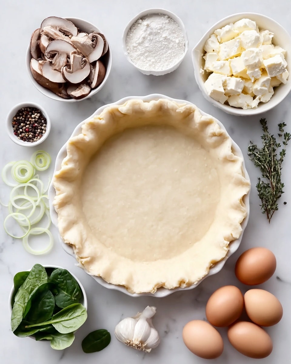 A white pie dish with a raw pie dough crust evenly pressed inside and around the edges with a slightly crimped border sits in the center on a white marbled surface. Around the dish are bowls and ingredients arranged neatly: at the top left, a white bowl filled with light and dark brown sliced mushrooms; next to it, a white bowl heaped with soft white cheese chunks; to the top right, a small white bowl filled with coarse salt and sprigs of green thyme nearby. On the left, thin round slices of light green onion rings are spread out. At the bottom left, fresh dark green spinach leaves are in a small white bowl, next to a white bowl holding mixed black and white peppercorns. On the bottom right, five brown eggs are placed loosely together. Everything rests on a clean white marbled background. Photo taken with an iphone --ar 4:5 --v 7