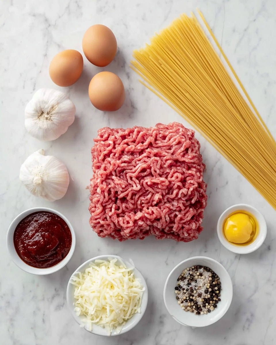 On a white marbled surface, there is a flat square pile of pink ground meat in the center. To the left of the meat, a bundle of uncooked pale yellow spaghetti lays vertically. Above the meat, three brown eggs are arranged in a loose triangle. Below the meat, three small white bowls hold different ingredients: on the left, a bowl of thick, dark red sauce; in the middle, shredded white cheese; and on the right, chopped white onions. Near the top left of the meat, two whole white garlic bulbs sit close together, and above them, a small white bowl contains mixed black and white peppercorns. Next to the peppercorns, a tiny white bowl holds a dollop of yellow mustard. The image looks clear and bright, photo taken with an iphone --ar 4:5 --v 7