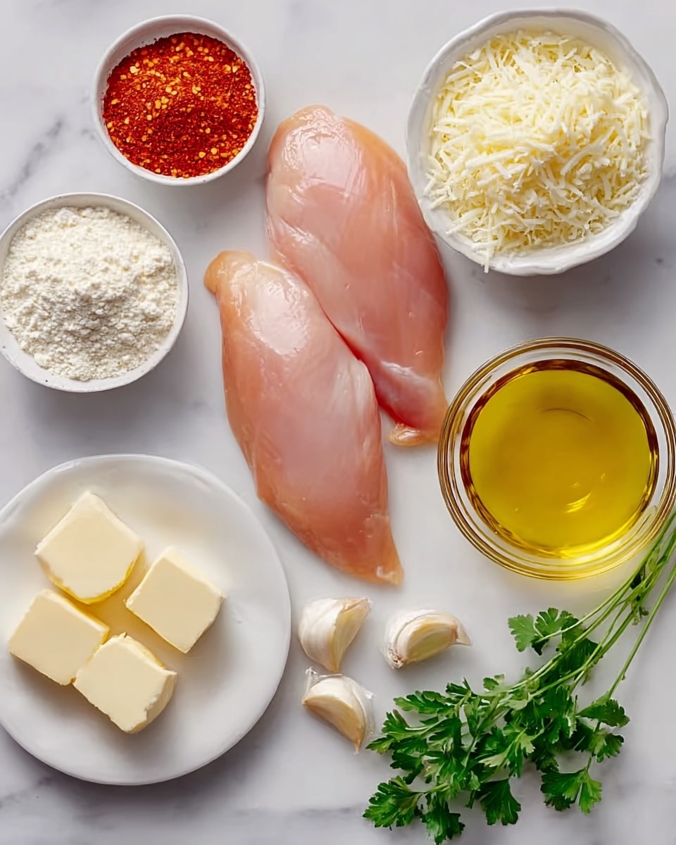 Two raw pale pink chicken breasts lie side by side on a white marbled surface near small white bowls holding white flour, bright red chili powder, and white shredded cheese. A small white plate with pale yellow butter cubes and a green parsley sprig sits nearby. A clear glass bowl filled with golden yellow oil is placed next to three whole peeled garlic cloves and another sprig of green parsley, all arranged neatly. Photo taken with an iphone --ar 4:5 --v 7