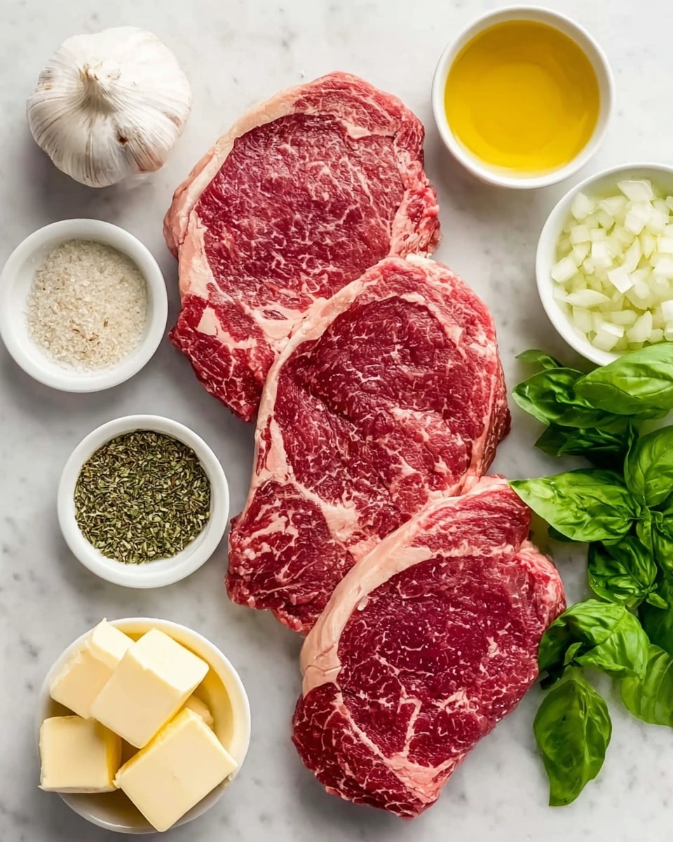 The image shows three raw red steaks with white marbling layers stacked slightly overlapping at the center on a white marbled surface. Around the steaks are several small white bowls: one with yellow olive oil at the top right, one with chopped white onions to the far right, one with mixed pepper and salt seasoning at the bottom left, one with green dried herbs below the seasoning, and one with pale yellow butter cubes below the steaks. A whole white garlic bulb and two garlic cloves sit near the top left. A bunch of fresh green basil leaves is placed at the bottom right corner. All elements are arranged neatly with a clean, bright look. photo taken with an iphone --ar 4:5 --v 7