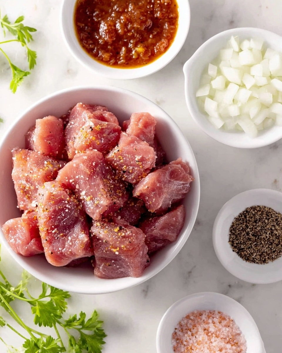 The image shows a white bowl filled with raw, cubed pieces of pinkish-red meat seasoned with coarse salt and pepper flakes. Surrounding the bowl are four smaller white bowls placed on a white marbled surface; one contains a dark red, chunky sauce, another has small white diced onions, the third holds coarse pink salt, and the last bowl has cracked black pepper. Fresh green parsley sprigs lie near the bottom left, adding a touch of color contrast. The scene is bright and clean, with a focus on fresh ingredients ready for cooking. photo taken with an iphone --ar 4:5 --v 7