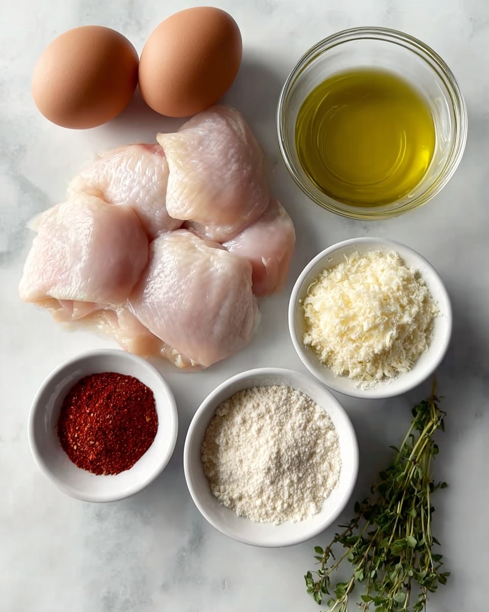 The image shows raw chicken pieces placed on a white marbled surface, with two brown eggs positioned near the top left. To the right of the eggs, there is a clear glass bowl filled with a light yellow liquid, likely oil. Below the eggs and oil, three small white bowls contain different powders: a reddish spice, a pale grated cheese, and a white flour-like substance. On the bottom right corner, there is a small bunch of fresh green herbs, adding a touch of natural color to the arrangement. The layout is neat and visually balanced, with a clean and simple presentation. photo taken with an iphone --ar 4:5 --v 7