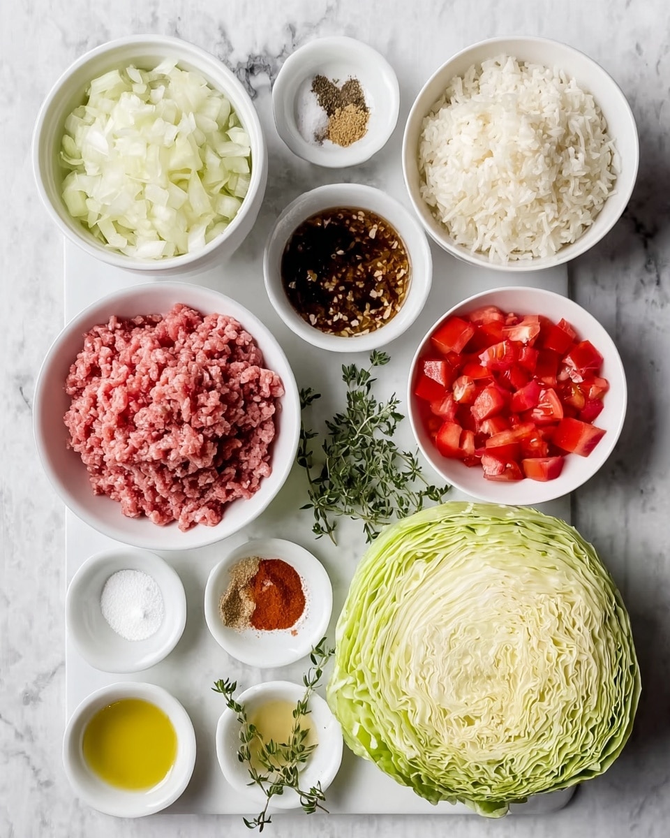 The image shows a top view of several white bowls and a plate arranged on a white marbled surface, each containing different cooking ingredients. Starting from top left and moving clockwise, there is a white bowl filled with small chopped white onions, next to it a white bowl with cooked white rice. To the right, fresh green thyme sprigs lie beside a large white plate holding half a fresh cabbage with pale green and white layers and a firm texture. Below, a small white dish displays powdered paprika, salt, and ground ginger in separate sections. Next to it, a bigger white bowl contains a dark brown saucy mixture with visible seasonings, and above that, a white bowl with bright red diced tomatoes. Above the tomatoes, a small white dish has three different powdered spices. To the bottom left, there is a large white bowl filled with uncooked pink ground meat, and above that a small white dish holds dried black pepper and salt. Finally, in the center, a white bowl is filled with golden yellow olive oil. Photo taken with an iphone --ar 4:5 --v 7