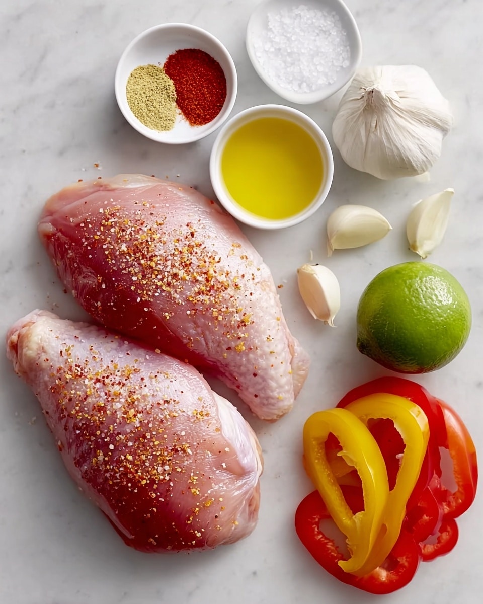 Two raw chicken pieces lie side by side on a white marbled surface, sprinkled lightly with coarse seasoning. Above them, three small white bowls hold golden oil, coarse salt, and red chili powder. Nearby are two whole peeled garlic cloves and half a fresh lime with a bright green interior. On the lower right, several slices of red and yellow bell peppers are arranged in a neat stack. The image is bright and clear, with a clean and simple layout, photo taken with an iphone --ar 4:5 --v 7