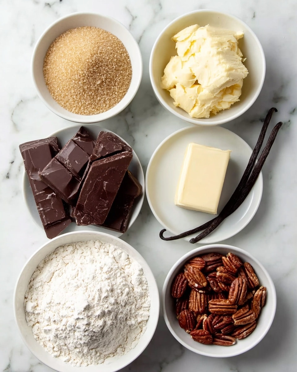 The image shows six white bowls arranged on a white marbled surface, each holding different baking ingredients. Starting from the top left, there is a bowl filled with light brown sugar grains, next to it on the right is a bowl with smooth, pale yellow butter. Below the butter, a white plate holds several large, dark brown chocolate squares, beside it on the right is a whole and broken vanilla bean pod. At the bottom left, a bowl contains dark chocolate chunks, and in the center bottom, another bowl is filled with whole and halved pecan nuts with a rich, glossy brown color. Finally, in the middle of the image to the left, there is a large bowl filled with white flour that shows a soft, powdery texture. photo taken with an iphone --ar 4:5 --v 7