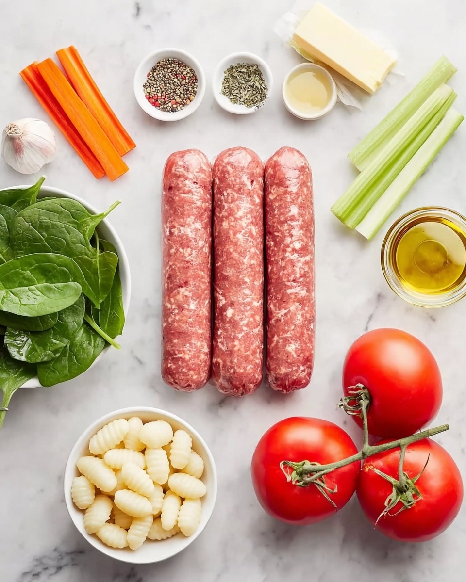 The image shows four raw sausage links lined up horizontally in the center on a white marbled surface. Above are small white bowls holding two sticks of butter, dried herbs, olive oil, and mixed peppercorns. To the left of the sausages, there are fresh green spinach leaves, celery sticks, and thin carrot strips next to a glass of clear liquid. Below the sausages is a whole garlic bulb to the left and a white bowl filled with gnocchi in the center. To the right of the sausages are three ripe, red tomatoes still attached to their green stems. Photo taken with an iphone --ar 4:5 --v 7