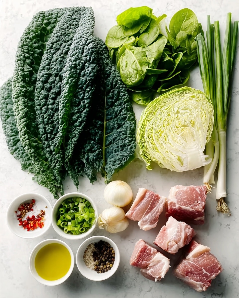 The image shows fresh ingredients laid out on a white marbled surface. There are three large dark green, textured kale leaves on the left. Above them is a bunch of fresh, smooth, bright green spinach leaves. To the right is a half head of light green cabbage showing its layers, next to green onions arranged upright with long green stalks and white bulbs. Below that, there are four thick, raw pork chunks with pale fat and pink meat. On the bottom left is a white onion and a whole garlic bulb. Three small white bowls hold chopped green onions, golden yellow oil, and red chili flakes, while another small bowl contains a mix of black and white peppercorns with coarse salt. The scene is bright and fresh with no shadows, photo taken with an iphone --ar 4:5 --v 7
