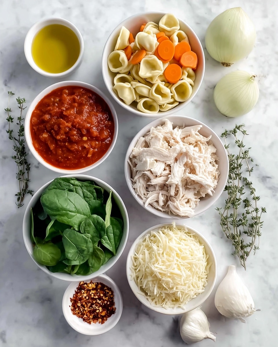 The image shows seven small white bowls placed on a white marbled surface, each containing different ingredients for a meal. Starting from the top left, the first bowl holds yellow olive oil, followed by a bowl with a red tomato sauce that has orange carrot slices on top. To the right of the sauce, a bowl contains uncooked tortellini pasta with diced green celery pieces mixed in. Below the sauce bowl is shredded white chicken meat filling another bowl. Next to the chicken, on the bottom left, a bowl is filled with fresh green spinach leaves. Above the spinach, a bowl contains a heap of grated white cheese. In the center, a small bowl holds red chili flakes. Whole garlic cloves, two whole white onions, and sprigs of fresh green thyme are scattered around the bowls on the white marbled surface. photo taken with an iphone --ar 4:5 --v 7