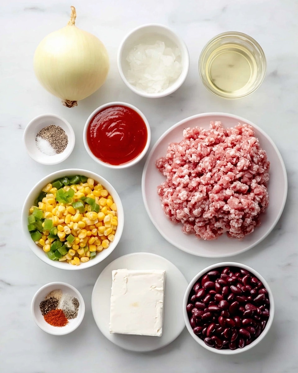 The image shows seven ingredients placed on a white marbled surface arranged neatly. In the center right, there is a white plate holding a pile of ground meat that is pink with white fat specks. To the top left is a whole, pale yellow onion. Next to it, near the center top is a small white bowl filled with a smooth, bright red sauce. To the top right is a clear glass filled with a light yellow liquid. Below the onion, another small white bowl contains a mix of yellow corn kernels and diced green bell peppers. Below the sauce and liquid, a small white bowl holds four types of dry spices: white salt, black pepper, light brown garlic powder, and a more orange spice, arranged in quarters. At the bottom center, a small white plate holds a block of smooth, white cream cheese. Lastly, to the bottom right, another white bowl is filled with shiny, dark red beans. The photo taken with an iphone --ar 4:5 --v 7