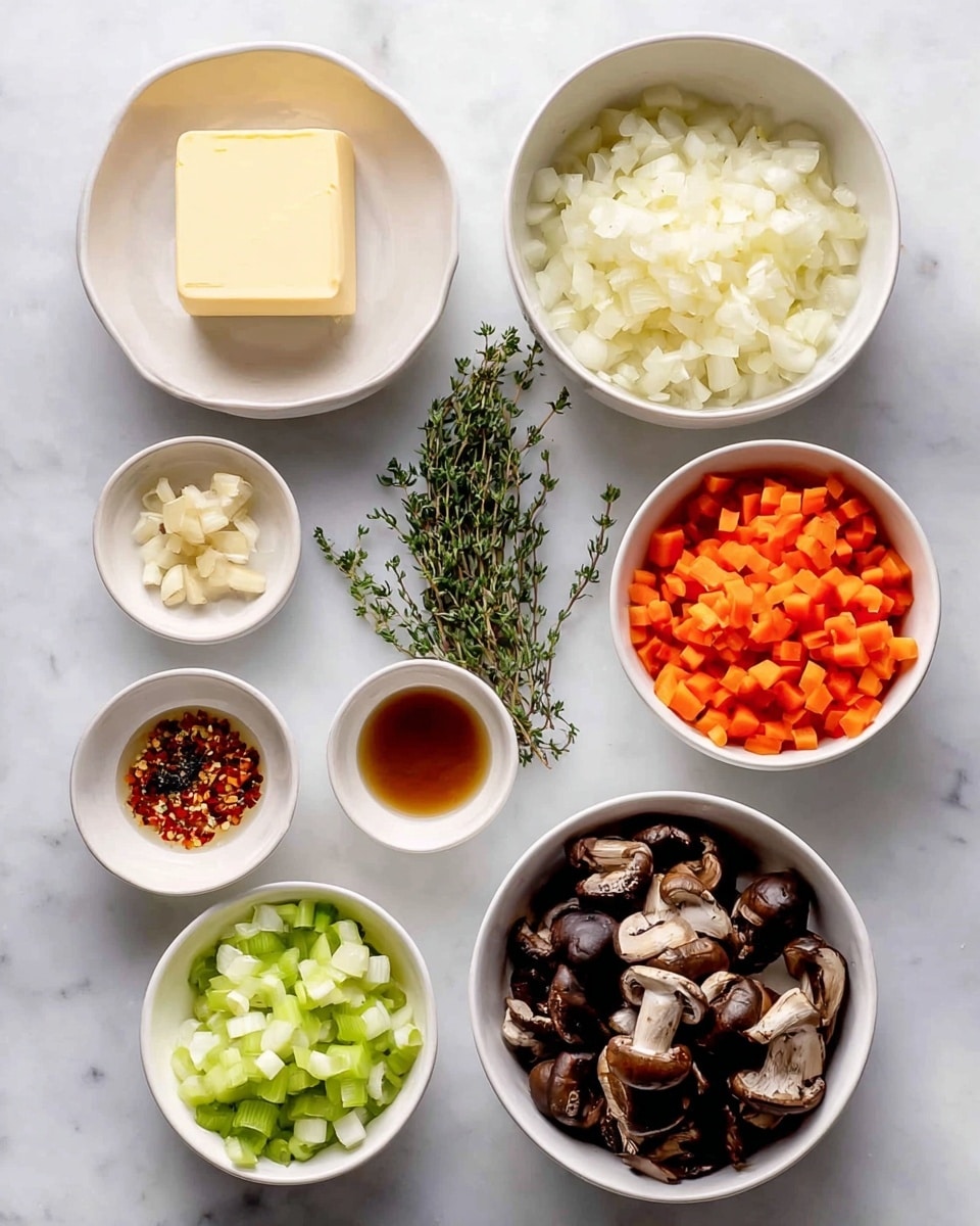 The image shows eight white bowls arranged on a white marbled surface. In the top left bowl, there is a solid, pale yellow block of butter with a smooth texture. To its right, a large bowl is filled with finely chopped white onions. Below the butter, a smaller bowl holds minced garlic pieces, while next to it, a bowl contains small red pepper flakes in a light liquid. In the center, there is a small bunch of fresh green thyme sprigs. To the right of the thyme, a bowl is filled with small, evenly chopped bright orange carrots. Below that, a white bowl contains diced light green celery. At the bottom right, a large bowl is full of sliced dark brown mushrooms with varied shapes and soft textures. Photo taken with an iphone --ar 4:5 --v 7