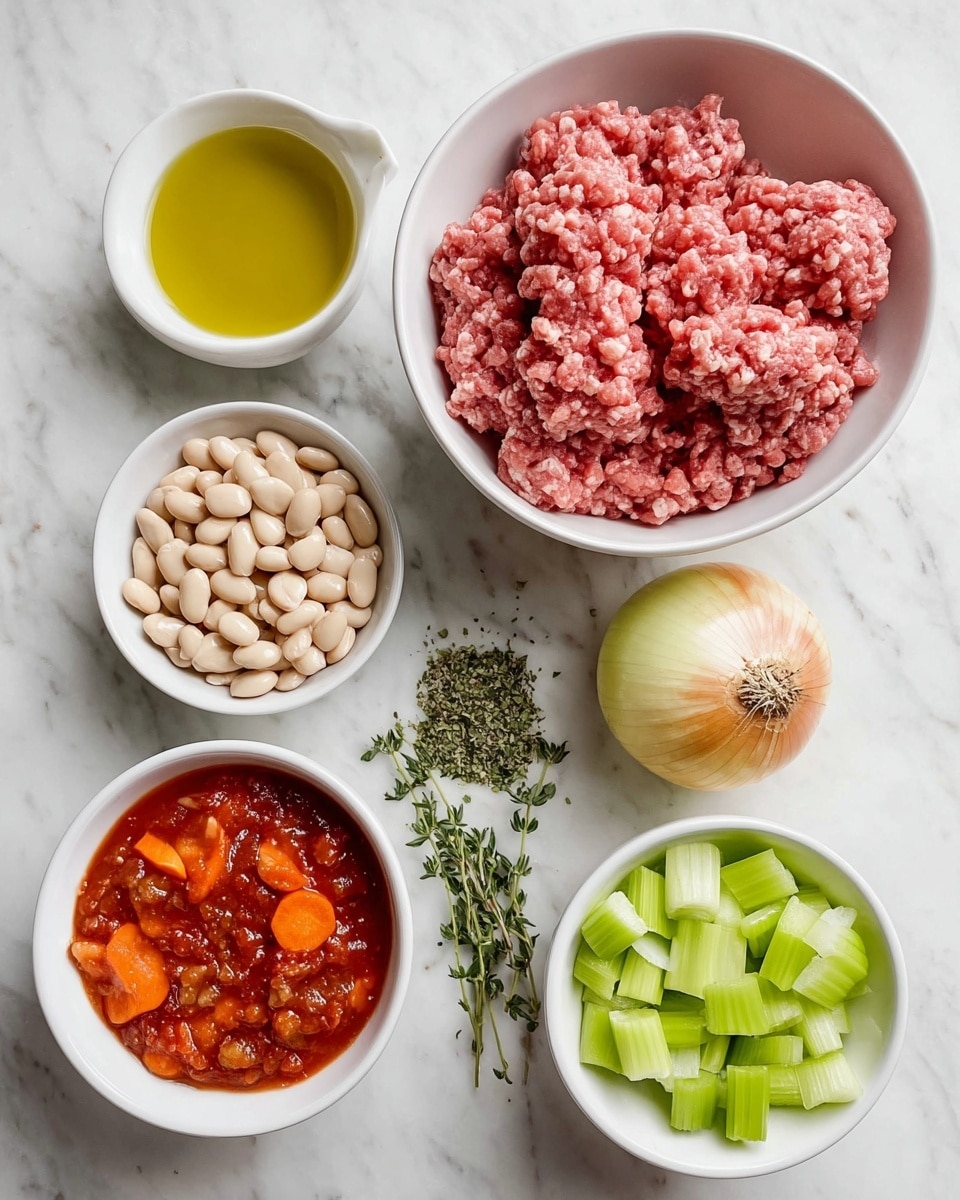 The image shows seven main items arranged neatly on a white marbled surface. In the center, there is one white bowl filled with pinkish raw ground meat with a soft texture. To the upper left of the meat bowl, there is a white bowl with clear golden olive oil, smooth and shiny. Below the oil bowl, there is another white bowl holding light beige beans, smooth and round. To the bottom left of the beans, there is a small white bowl with green dried herbs, finely chopped and textured. Below the meat bowl and to the left, there is a white bowl filled with red chunky tomato sauce with pieces of orange carrots. To the right of the tomato sauce bowl, there is a white bowl with light green chopped celery, cut into uniform small pieces. Above the meat bowl, there is a single whole onion with a golden light brown smooth peelresting beside a small bunch of fresh green thyme sprigs. Photo taken with an iphone --ar 4:5 --v 7