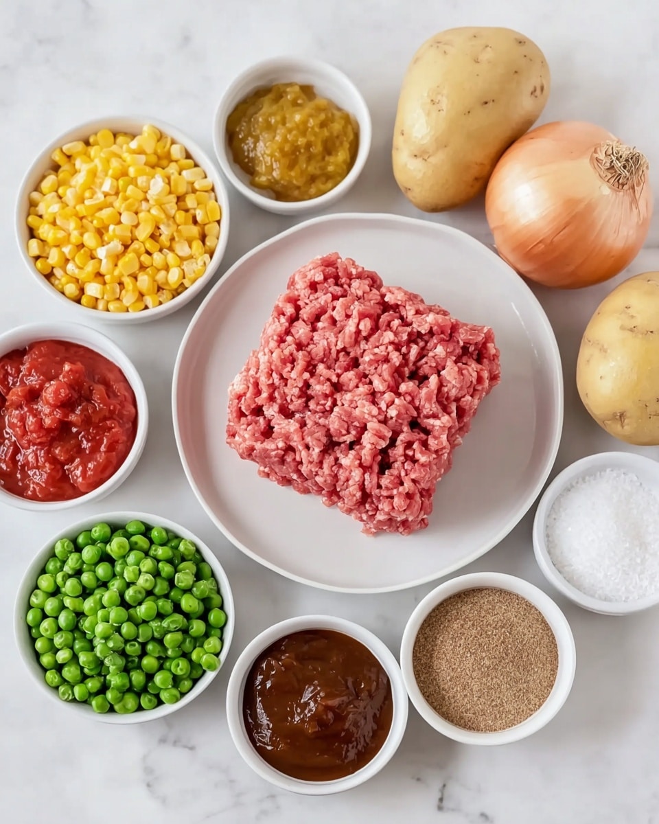 The image shows raw ingredients arranged neatly on a white marbled surface. In the center is a square mound of pink ground meat on a white plate. Surrounding it in small white bowls are golden yellow corn kernels, bright green peas, chunky red salsa, white salt crystals, a light brown seasoning powder, and dark brown sauce. To the top right of the meat are two light brown potatoes and a whole yellow onion. The colors are natural and fresh, and everything is well spaced and clearly visible. Photo taken with an iphone --ar 4:5 --v 7
