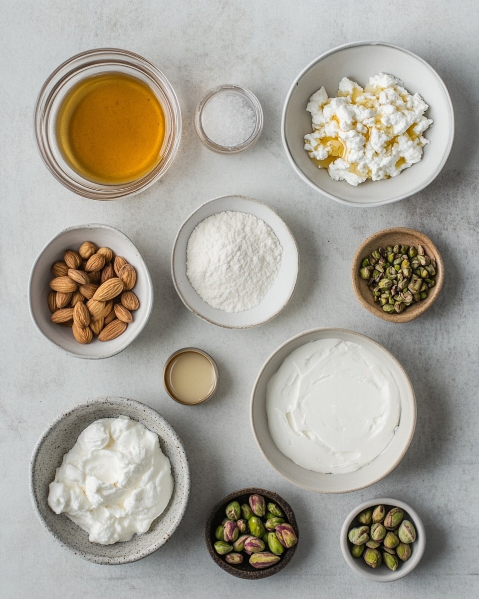 A close-up image of four round, light brown glistening dumplings stacked closely together in a white plate, each topped with a sprinkle of crushed green pistachios and small pink rose petals. A thick amber-colored syrup is shown pouring over the top dumpling, creating a shiny, wet texture. The liquid pools slightly around the dumplings, enhancing their glossy appearance. The plate rests on a white marbled surface with a blurred warm brown background. photo taken with an iphone --ar 4:5 --v 7