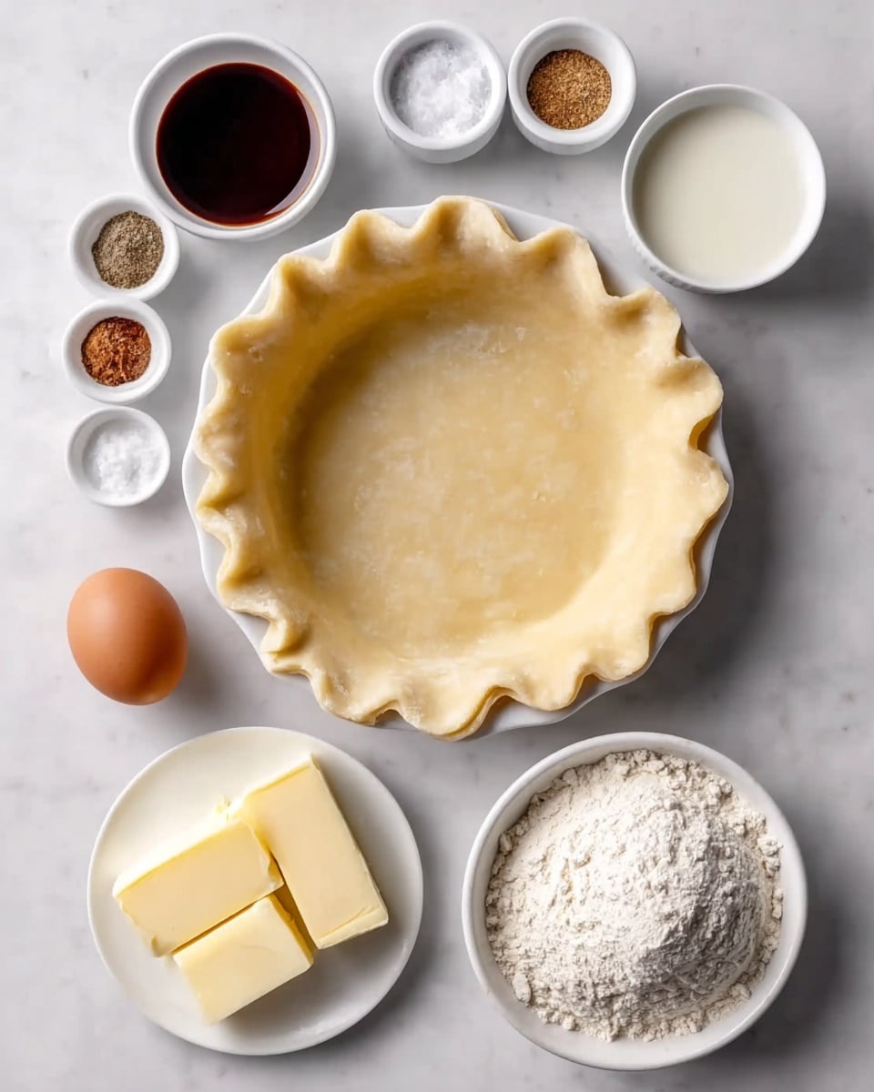 The image shows a pie crust dough placed inside a white pie dish with crimped edges, centered on a white marbled surface. Around it are small white bowls and plates holding different baking ingredients: a mound of white flour in a bowl at the bottom right, several rectangular pieces of pale yellow butter on a small white plate at the bottom left, a brown egg at the top center, a bowl of dark brown liquid (likely vanilla or molasses) in the top left, and a bowl of white liquid (likely milk or cream) in the top right. There are also three small white bowls filled with different spices and salt arranged vertically on the left side. The setup has a clean and organized look, with soft natural lighting. photo taken with an iphone --ar 4:5 --v 7