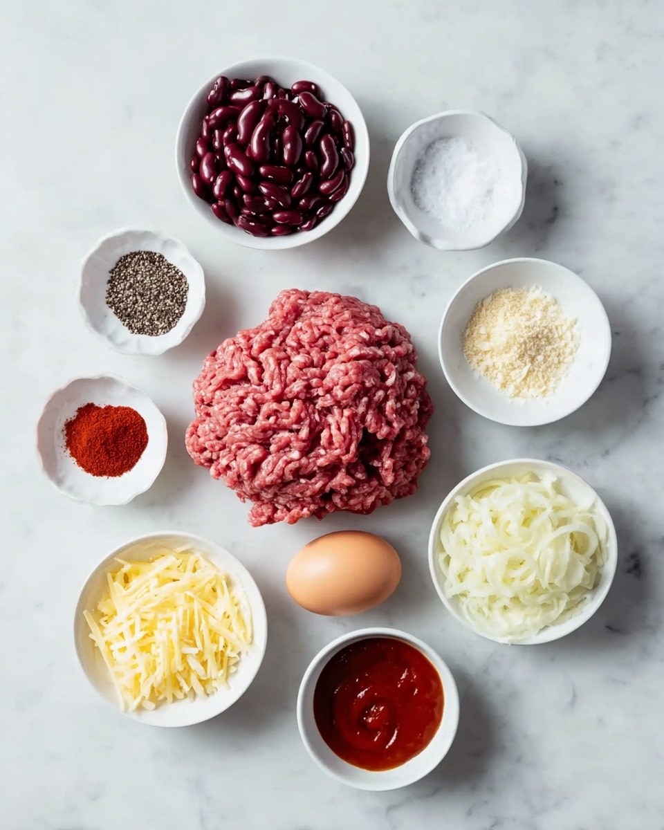 A group of ingredients is arranged on a white marbled surface in a neat circle, with a large mound of pinkish-red ground meat at the center. Surrounding it are small white bowls holding several ingredients: one bowl with dark red kidney beans, another with white salt crystals, a third with black and white pepper, a fourth with bright red paprika powder, a fifth with finely chopped white onion, a sixth bowl with pale yellow shredded cheese, and a seventh bowl with thick reddish-brown sauce. A single light brown egg is placed between the bowls of cheese and onion. The scene is clean and simple, showing all ingredients separately and clearly. photo taken with an iphone --ar 4:5 --v 7